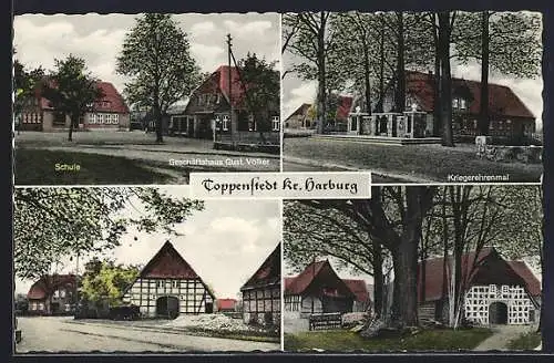 AK Toppenstedt /Harburg, Geschäft von Gust. Völker, Schule, Kriegerdenkmal