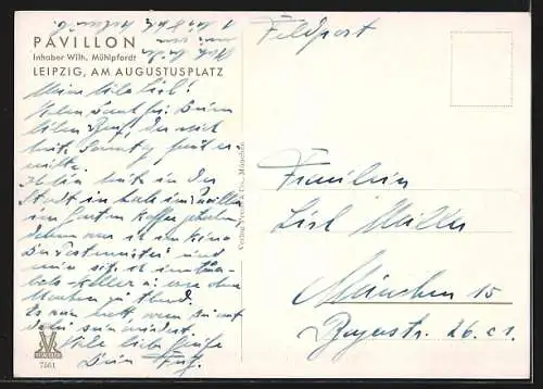 AK Leipzig, Gasthaus Pavillon, Inh. Wilh. Mühlpfordt, Augustusplatz