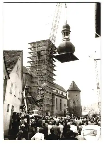 Fotografie Besserer, Lauda / Tauber, Ansicht Lauda / Tauber, Richtfest und anbringen der Turmspitze St. Jakobus Kirche