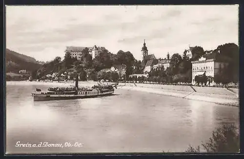 AK Grein a. d. Donau, Uferpartie mit Kirche und Dampfer