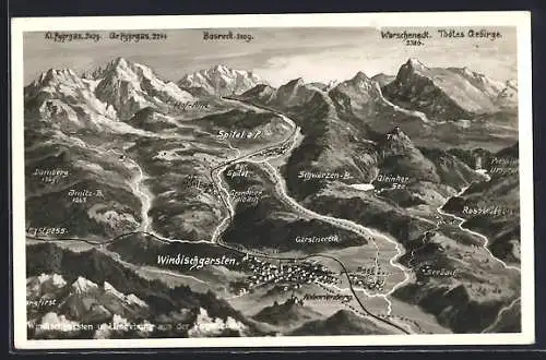 Künstler-AK Windischgarsten, Ortsansicht mit Bahnhof Spital, Seebach und Rossleithen, Bosruck und Kl. Pyhrgas