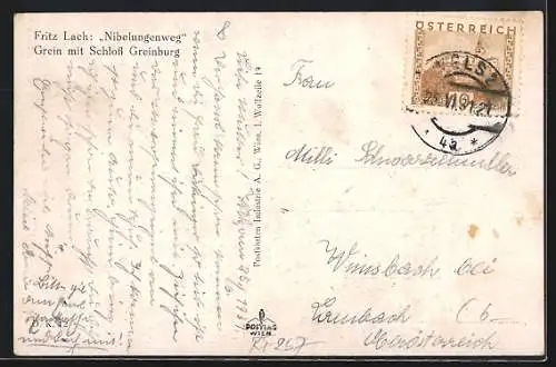 Künstler-AK Fritz Lach: Grein, Uferpartie mit Schloss Greinburg