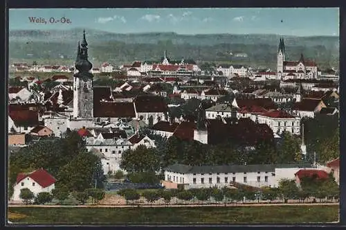 AK Wels /O.-Oe., Teilansicht mit Kirche