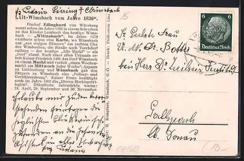 Künstler-AK Alt-Wimsbach, Teilansicht mit Kirche im Jahre 1630