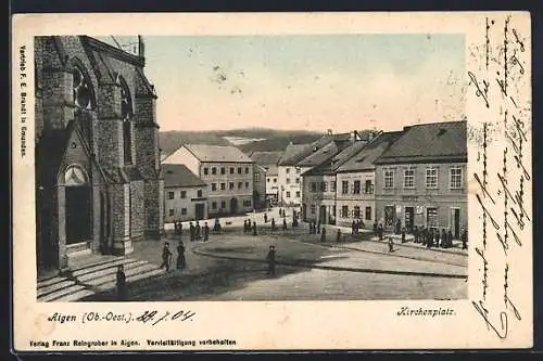 AK Aigen /Ob.-Oest., Partie auf dem Kirchenplatz