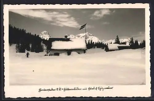 AK Hinterstoder, Huttererboden-Hütte mit Priel & Spitzmauer im Winter
