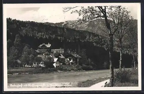 AK Bad Goisern, Unterjoch, Ortsansicht mit Jausenstation Rassingmühle vom Wasser aus