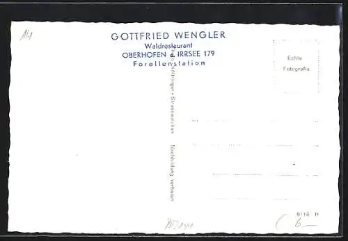 AK Oberhofen a. Irrsee, Waldrestaurant G. Wengler / Forellenstation mit Irrsee-Panorama