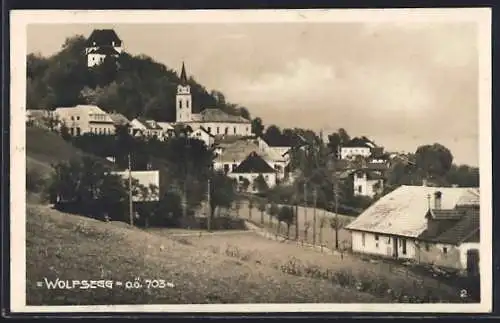 AK Wolfsegg, Ortspanorama mit Schloss von einer Wiese aus