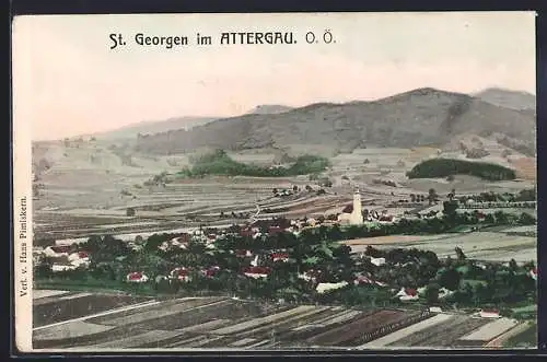 AK St. Georgen im Attergau, Gesamtansicht mit Umgebung aus der Vogelschau