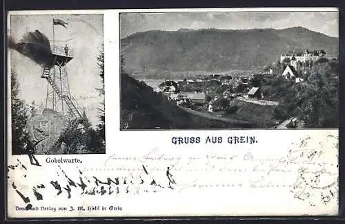 AK Grein, Gobelwarte, Gesamtansicht mit Bergpanorama