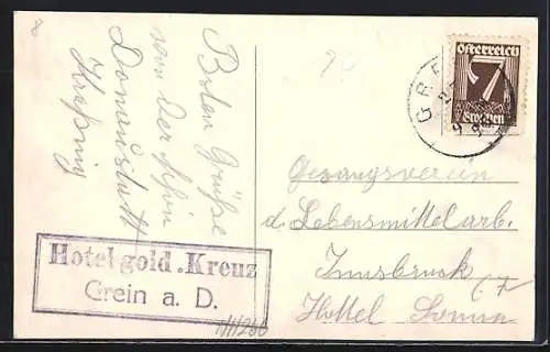 AK Grein a. D., Uferpanorama mit Hotel gold. Kreuz und Dampfern aus der Vogelschau
