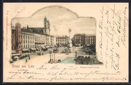 AK Linz, Franz-Josef-Platz mit Säulendenkmal, im Rahmen