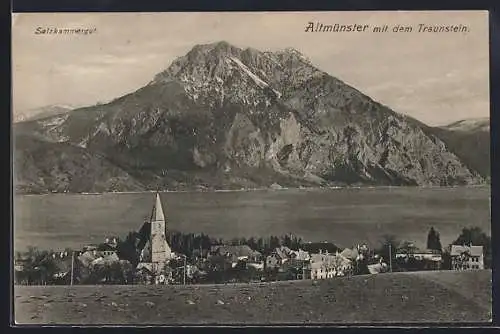 AK Altmünster /Salzkammergut, Ortspanorama mit Traunstein aus der Vogelschau