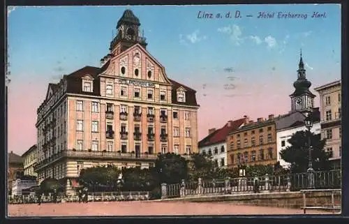 AK Linz a. d. D., Hotel Erzherzog Karl mit Brücke u. Kirchturm