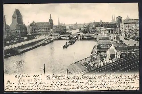 AK Berlin, Dampferstation Jannowitzbrücke, Waisenbrücke und Märkisches Museum