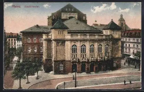 AK Mainz, Stadttheater mit Strassenpartie