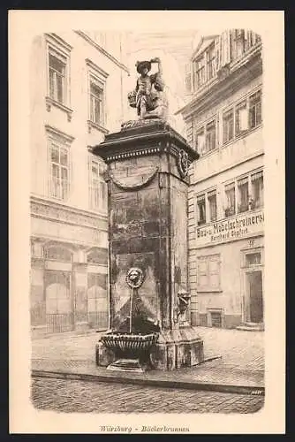 Künstler-AK Würzburg, Bau & Möbeltischlerei Göpfert in der Semmelstrasse am Bäckerbrunnen