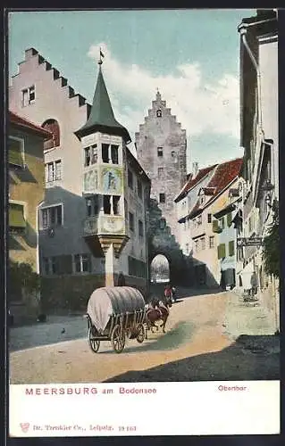 AK Meersburg, Pferdefuhrwerk auf dem Weg zum Obertor und Gasthaus Zum Bären