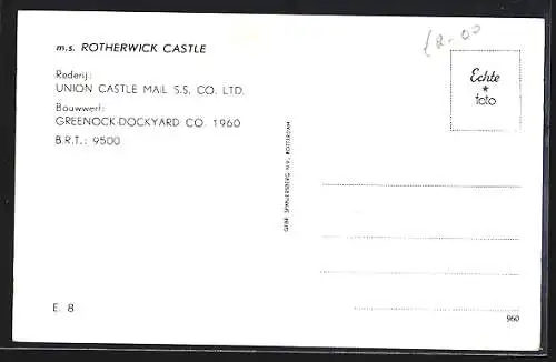 AK Handelsschiff M.S. Rotherwick Castle auf dem Meer, Union Castle Mail