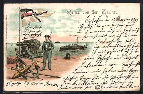 Lithographie Matrose vor einer Kanone im Hafen, Torpedoboot im Hintergrund