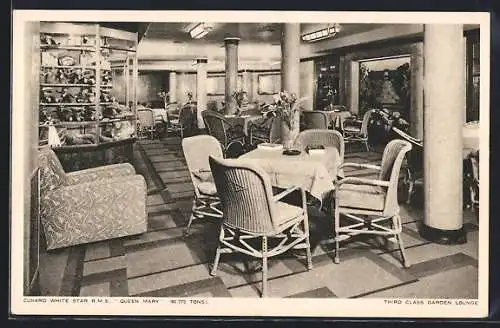 AK Passagierschiff RMS Queen Mary, Cunard White Star, Third Class Garden Lounge