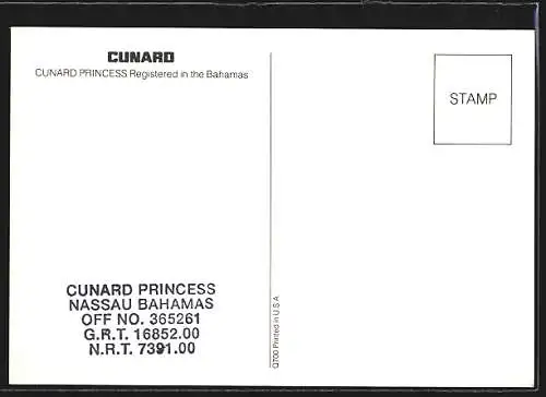 AK Passagierschiff Cunard Princess vor einer kleinen Felsinsel