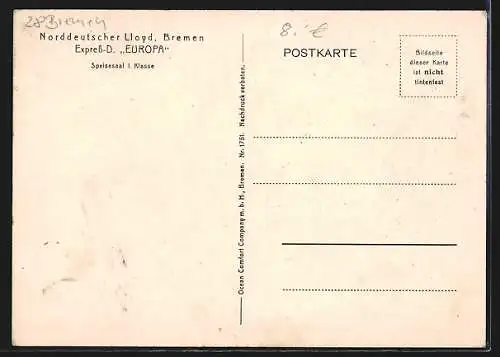 AK Nordd. Lloyd Bremen, Express-Dampfer Europa, Speisesaal 1. Klasse