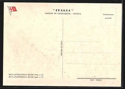 Künstler-AK Italia Passagierschiff Saturnia in Fahrt
