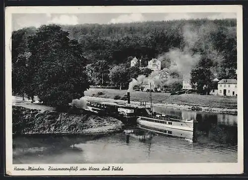 AK Hann.-Münden, Salondampfer Graf Moltke am Zusammenfluss von Werra und Fulda