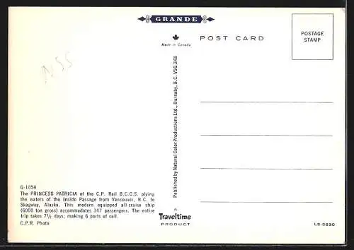 AK Passagierschiff Princess Patricia, C. P. Rail B. C. C. S. auf der Inside Passage
