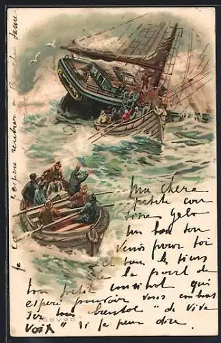 Lithographie Rettungsboote fahren vom sinkenden Schiff weg