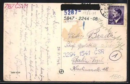 AK Litomysl, Strassenpartie mit Blick zur Kirche