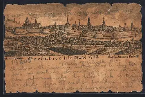 Lithographie Pardubice, Historische Gesamtansicht aus dem Jahre 1722