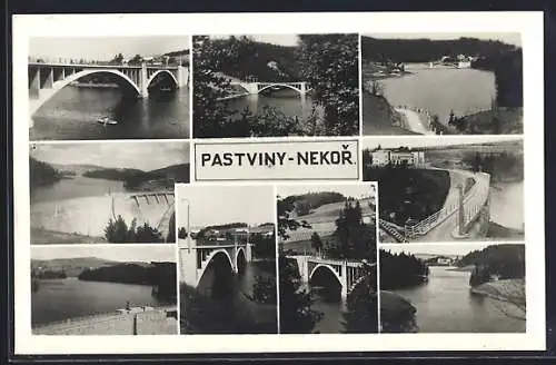 AK Pastviny-Nekor, Die Talsperre, Motive vom Stausee, Brücken