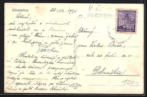 AK Chvaletice, Strassenpartie aus der Vogelschau