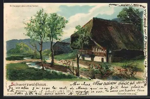 Lithographie Schwarzwaldhaus, Sonnenuntergang bei Halt gegen das Licht