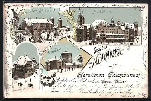 Winter-Lithographie Nürnberg, Burg, Frauenthor, Dürerhaus und Marktplatz