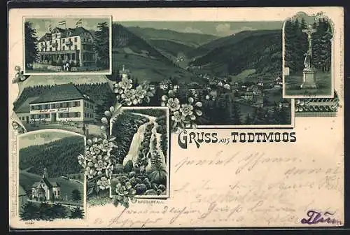 Lithographie Todtmoos, Gasthof zum Löwen, Kurhaus, Wasserfall