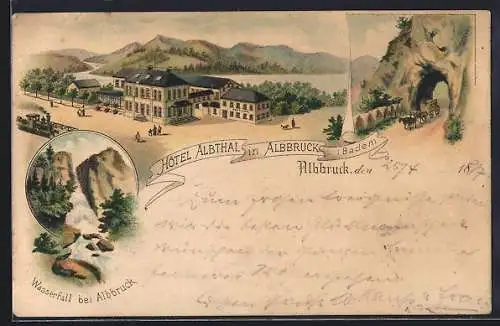 Lithographie Albbruck /Baden, Das Hotel Albthal, Wasserfall