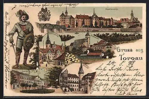 Lithographie Torgau, Stadtansicht, Schlossportal, Stadtkirche, das Gymnasium