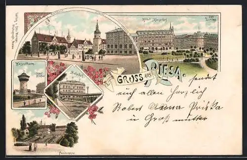 Lithographie Riesa, Hotel Kaiserhof, Café Döring, Hotel Höpfner, Bahnhof, Rathhaus, Kirche, Höhere Bürgerschule