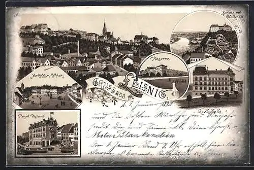 Lithographie Leisnig, Kaserne, Realschule, Marktplatz