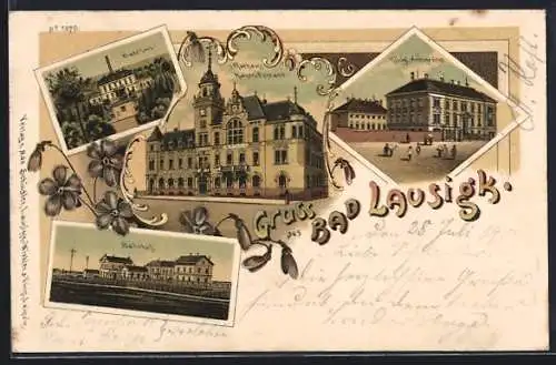 Lithographie Bad Lausigk, Badehaus, Bahnhof, Rathaus, Königl. Amtsgericht