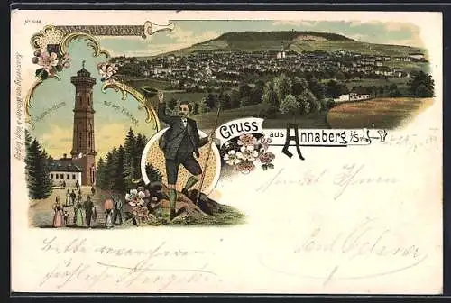 Lithographie Annaberg /Sa., Gesamtansicht, Wanderer, Aussichtsturm auf dem Pöhlberg