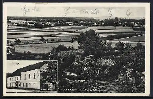 AK Altenhain / Trebsen, Gasthof Gebäudeansicht, Ortschaft vom Klengelsberg gesehen