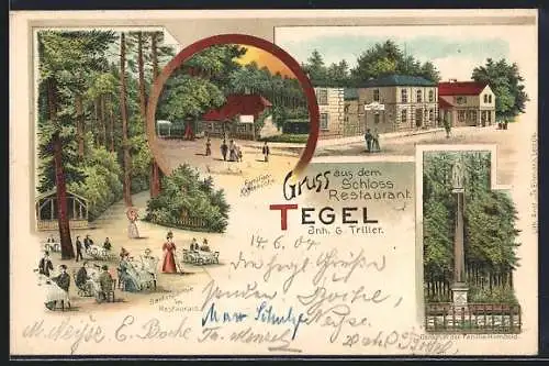 Lithographie Berlin-Tegel, Denkmal der Familie Humbold, Schlossrestaurant