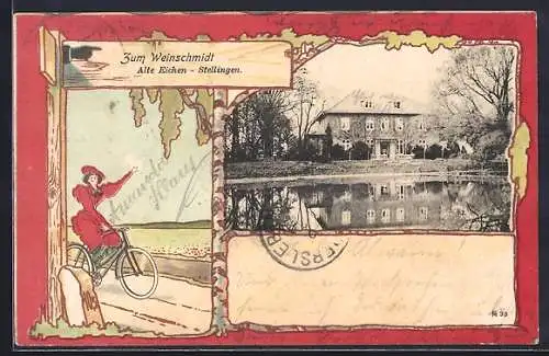 Lithographie Stellingen - Alte Eichen, Gasthaus Zum Weinschmidt, Fahrrad-Fahrerin im Passepartout