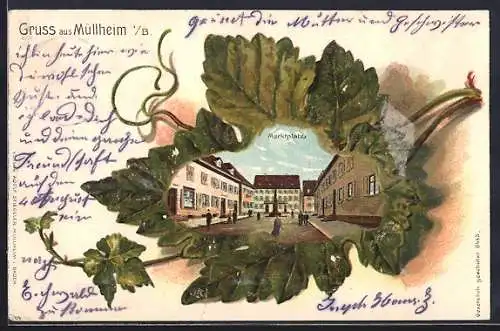 Passepartout-Lithographie Müllheim i. B., Der Marktplatz im Weinblatt