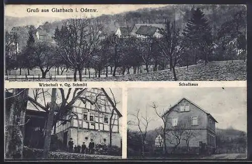 AK Glattbach i. Odenw., Gasthaus v. Gg. Schmitt, Schulhaus, Ortsansicht